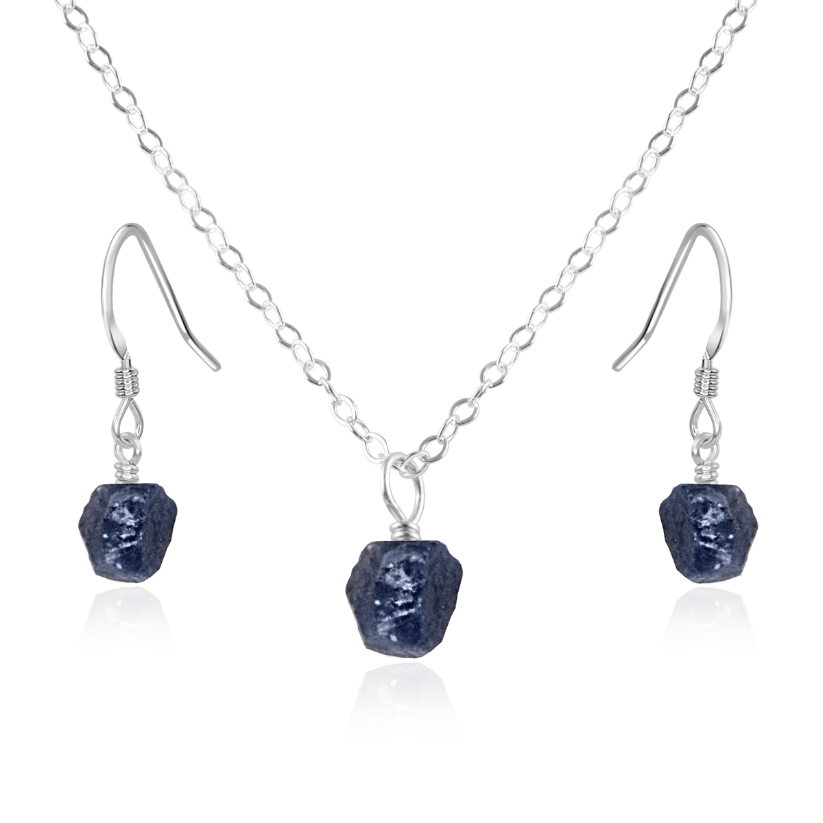 Raw Sapphire Crystal Earrings & Necklace Set - Raw Sapphire Crystal Earrings & Necklace Set - Sterling Silver / Cable - Luna Tide Handmade Crystal Jewellery