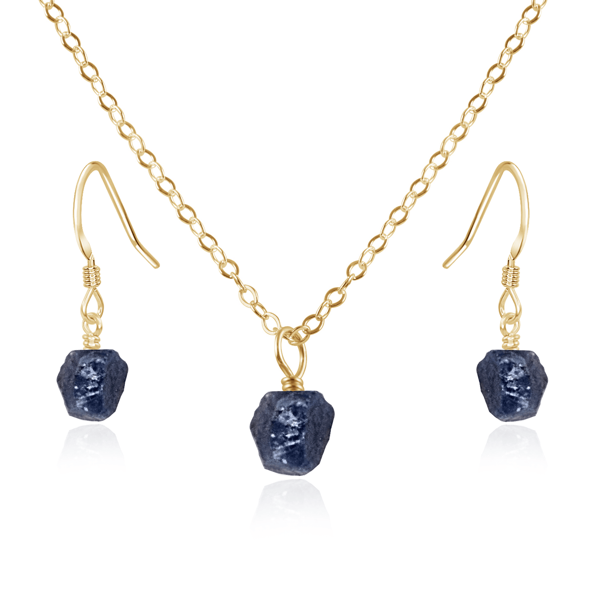 Raw Sapphire Crystal Earrings & Necklace Set - Raw Sapphire Crystal Earrings & Necklace Set - 14k Gold Fill / Cable - Luna Tide Handmade Crystal Jewellery