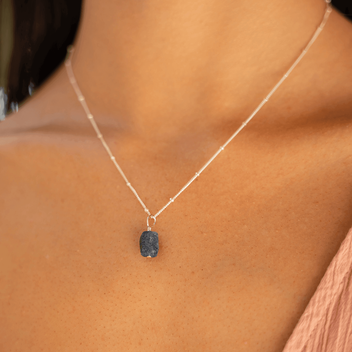 Raw Sapphire Natural Crystal Pendant Necklace - Raw Sapphire Natural Crystal Pendant Necklace - Sterling Silver / Satellite - Luna Tide Handmade Crystal Jewellery