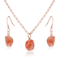 Raw Sunstone Crystal Earrings & Necklace Set - Raw Sunstone Crystal Earrings & Necklace Set - 14k Rose Gold Fill / Cable - Luna Tide Handmade Crystal Jewellery