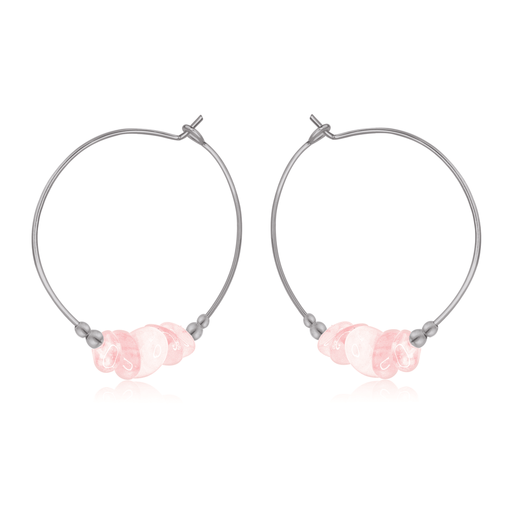 Rose Quartz Crystal Chip Large Hoop Earrings - Rose Quartz Crystal Chip Large Hoop Earrings - Stainless Steel - Luna Tide Handmade Crystal Jewellery