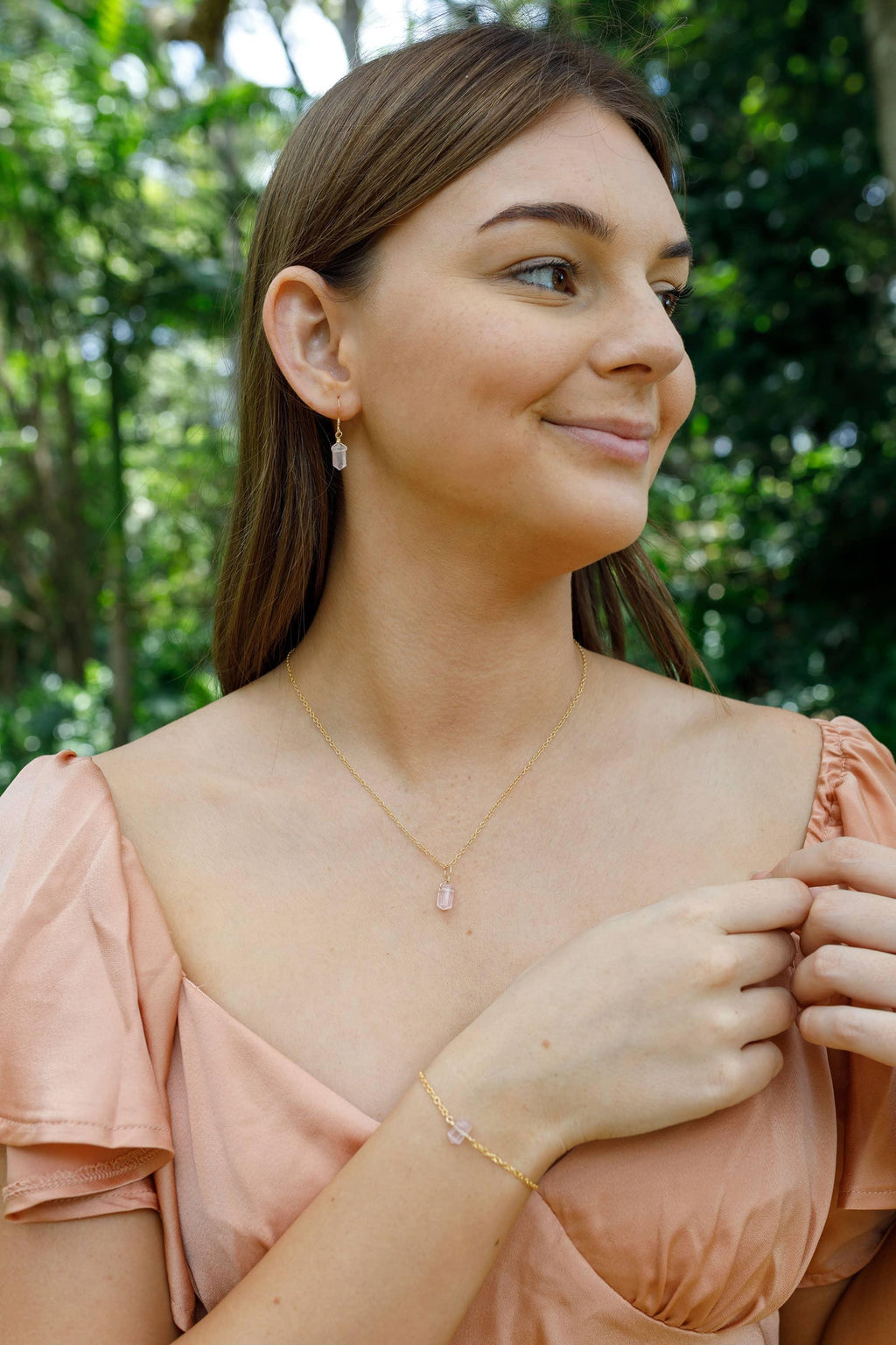 Rose Quartz Double Terminated Crystal Earrings, Necklace & Bracelet Set - Rose Quartz Double Terminated Crystal Earrings, Necklace & Bracelet Set - 14k Gold Fill - Luna Tide Handmade Crystal Jewellery