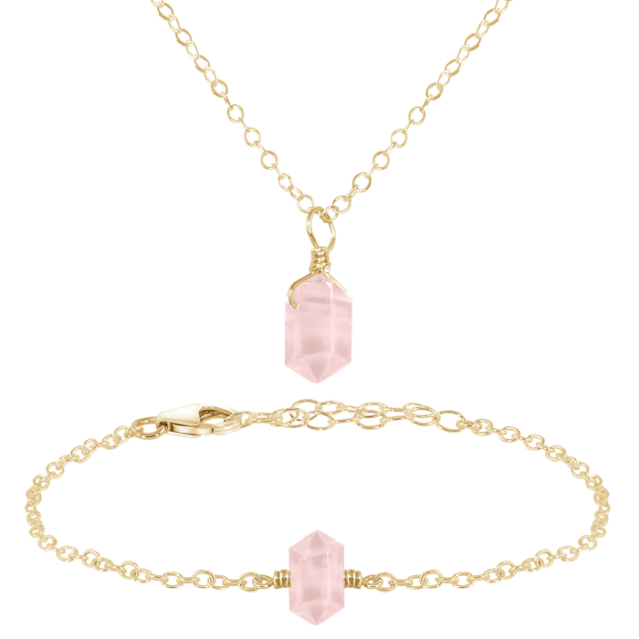 Rose Quartz Double Terminated Crystal Necklace & Bracelet Set - Rose Quartz Double Terminated Crystal Necklace & Bracelet Set - 14k Gold Fill - Luna Tide Handmade Crystal Jewellery