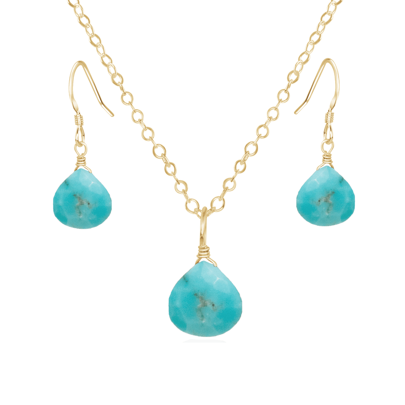 Turquoise Tiny Teardrop Earrings & Necklace Set - Turquoise Tiny Teardrop Earrings & Necklace Set - 14k Gold Fill / Cable - Luna Tide Handmade Crystal Jewellery