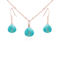 Turquoise Tiny Teardrop Earrings & Necklace Set - Turquoise Tiny Teardrop Earrings & Necklace Set - 14k Rose Gold Fill / Satellite - Luna Tide Handmade Crystal Jewellery