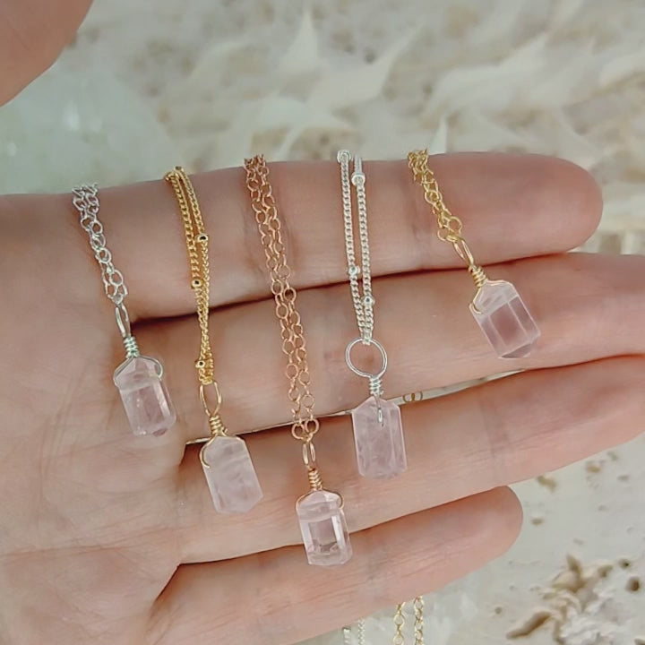 Rose Quartz Mini Double Terminated Crystal Point Pendant Necklace