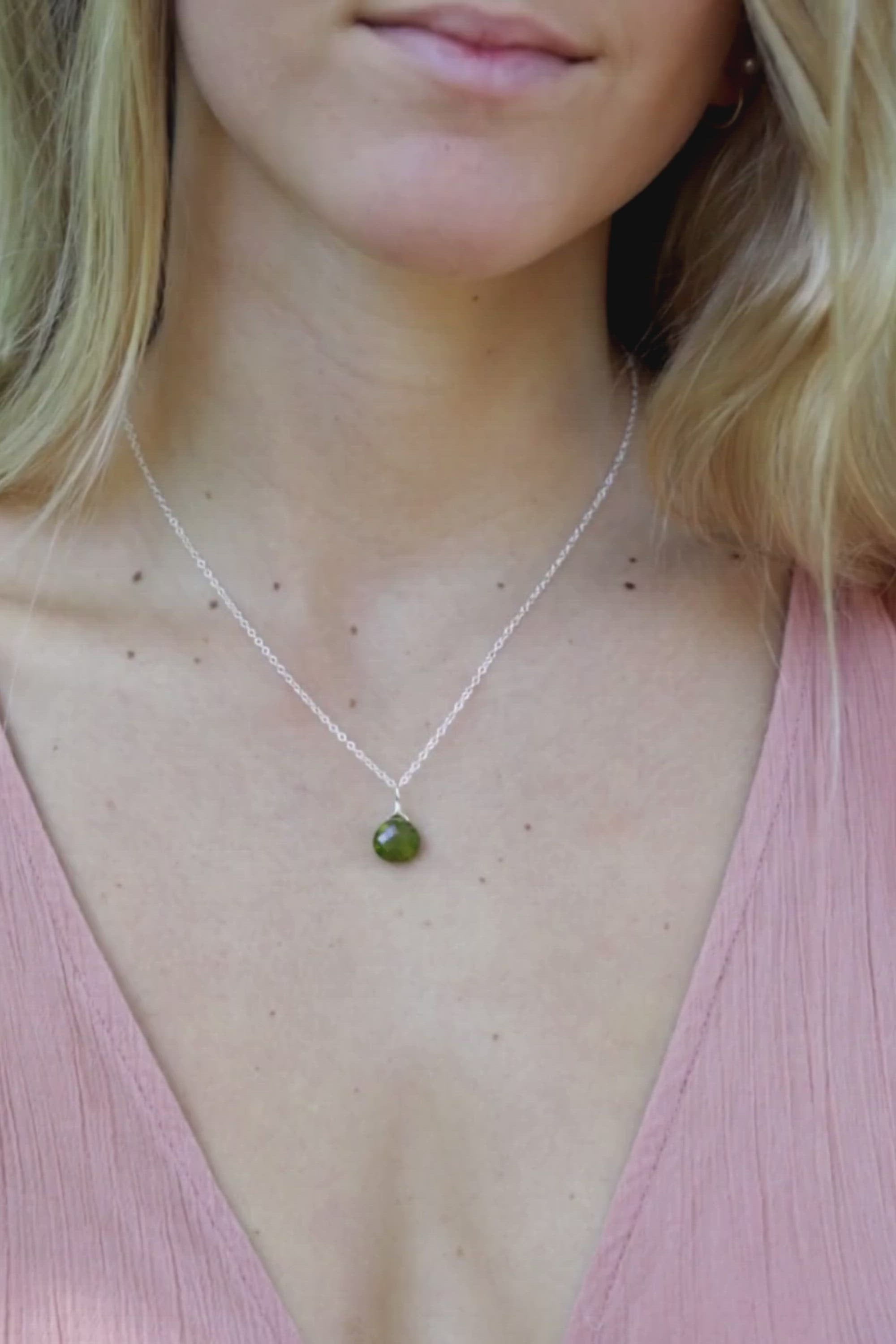 Tiny Peridot Teardrop Crystal Pendant Necklace