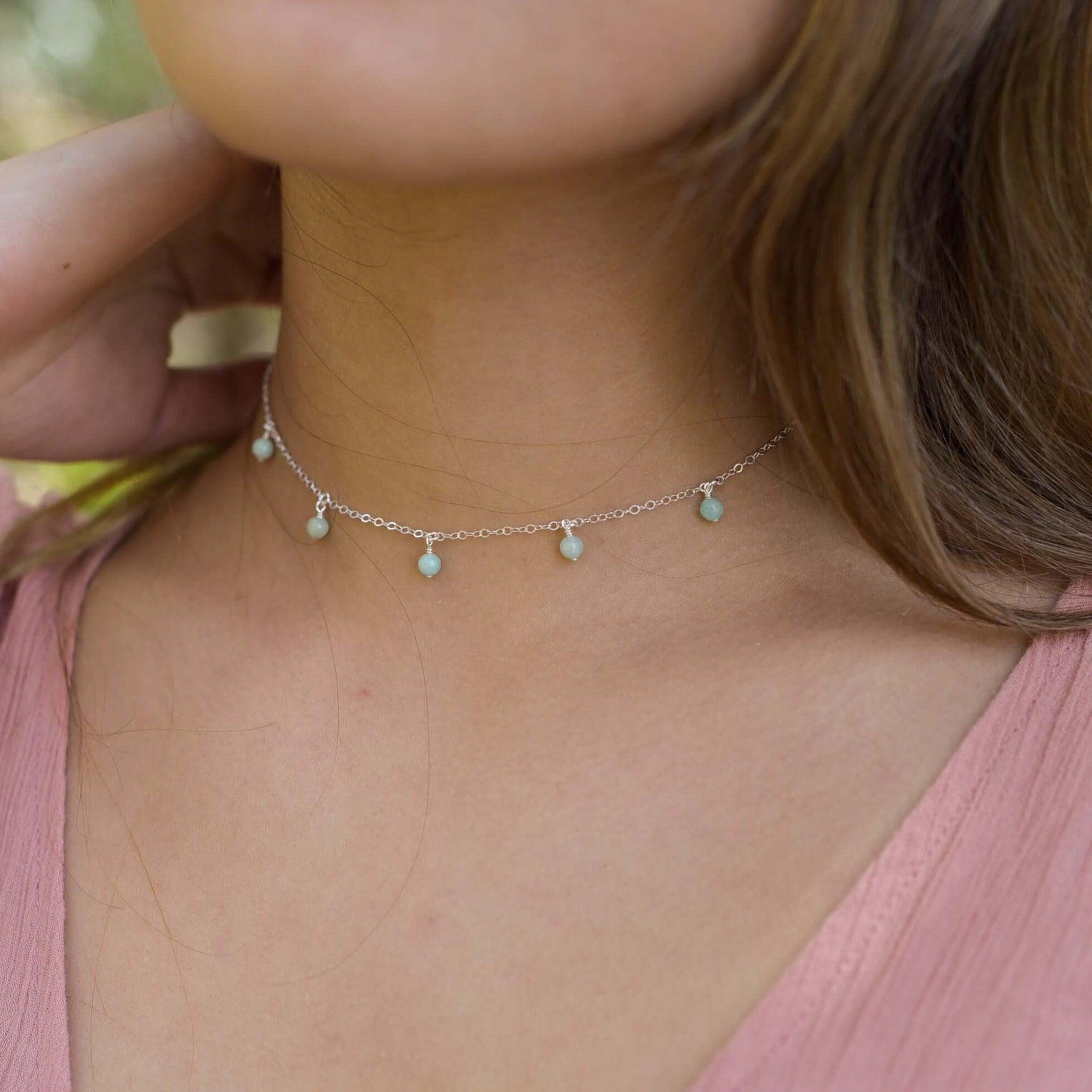 Amazonite Bead Drop Choker - Amazonite Bead Drop Choker - Sterling Silver - Luna Tide Handmade Crystal Jewellery