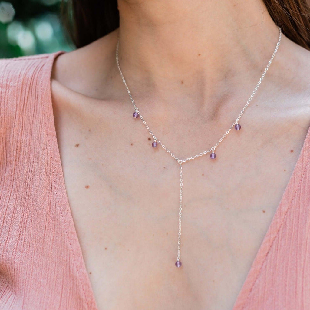 Amethyst Boho Lariat Necklace - Amethyst Boho Lariat Necklace - Sterling Silver - Luna Tide Handmade Crystal Jewellery