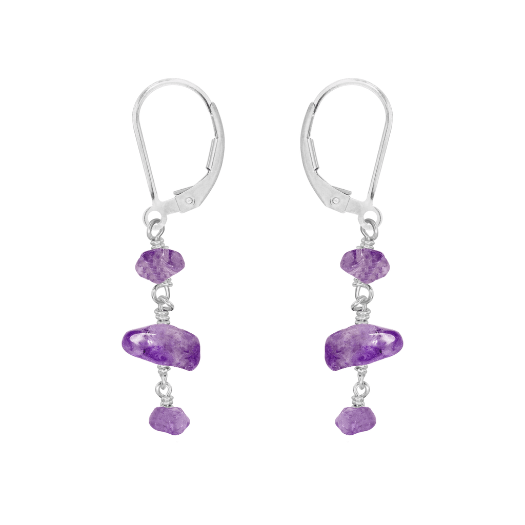 Amethyst Crystal Beaded Chain Dangle Leverback Earrings - Amethyst Crystal Beaded Chain Dangle Leverback Earrings - Sterling Silver - Luna Tide Handmade Crystal Jewellery