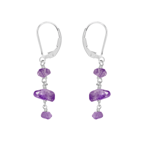 Amethyst Crystal Beaded Chain Dangle Leverback Earrings - Amethyst Crystal Beaded Chain Dangle Leverback Earrings - Sterling Silver - Luna Tide Handmade Crystal Jewellery
