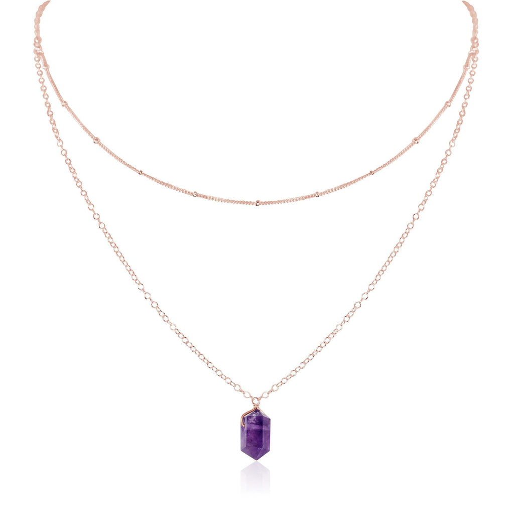 Amethyst Double Terminated Crystal Chain Layered Choker Necklace - Amethyst Double Terminated Crystal Chain Layered Choker Necklace - 14k Rose Gold Fill - Luna Tide Handmade Crystal Jewellery