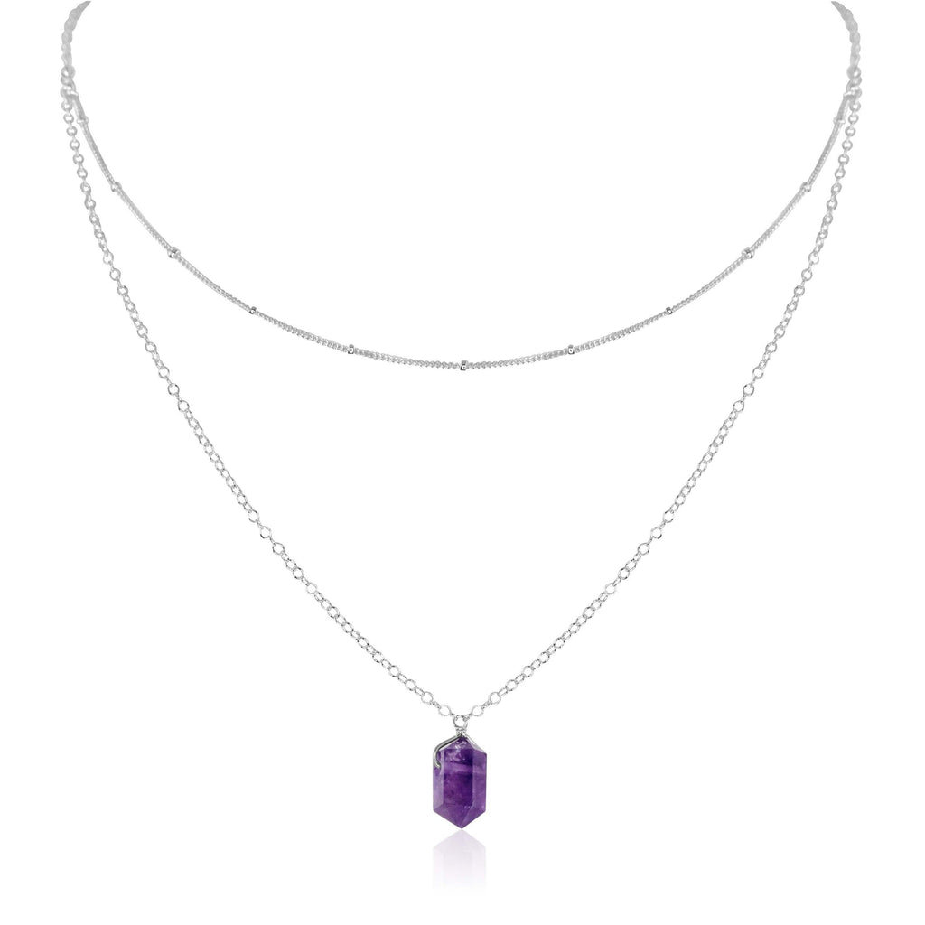 Amethyst Double Terminated Crystal Chain Layered Choker Necklace - Amethyst Double Terminated Crystal Chain Layered Choker Necklace - Sterling Silver - Luna Tide Handmade Crystal Jewellery
