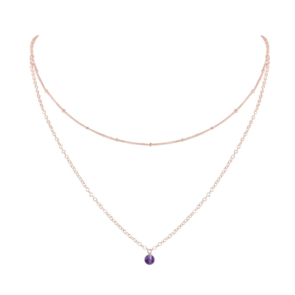 Amethyst Gemstone Chain Layered Choker Necklace - Amethyst Gemstone Chain Layered Choker Necklace - 14k Rose Gold Fill - Luna Tide Handmade Crystal Jewellery