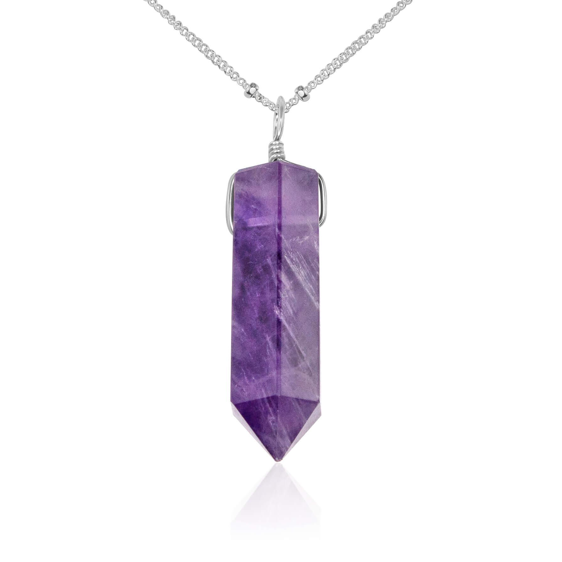 Amethyst Gemstone Generator Tower Point Pendant Necklace - Amethyst Gemstone Generator Tower Point Pendant Necklace - Sterling Silver / Satellite - Luna Tide Handmade Crystal Jewellery