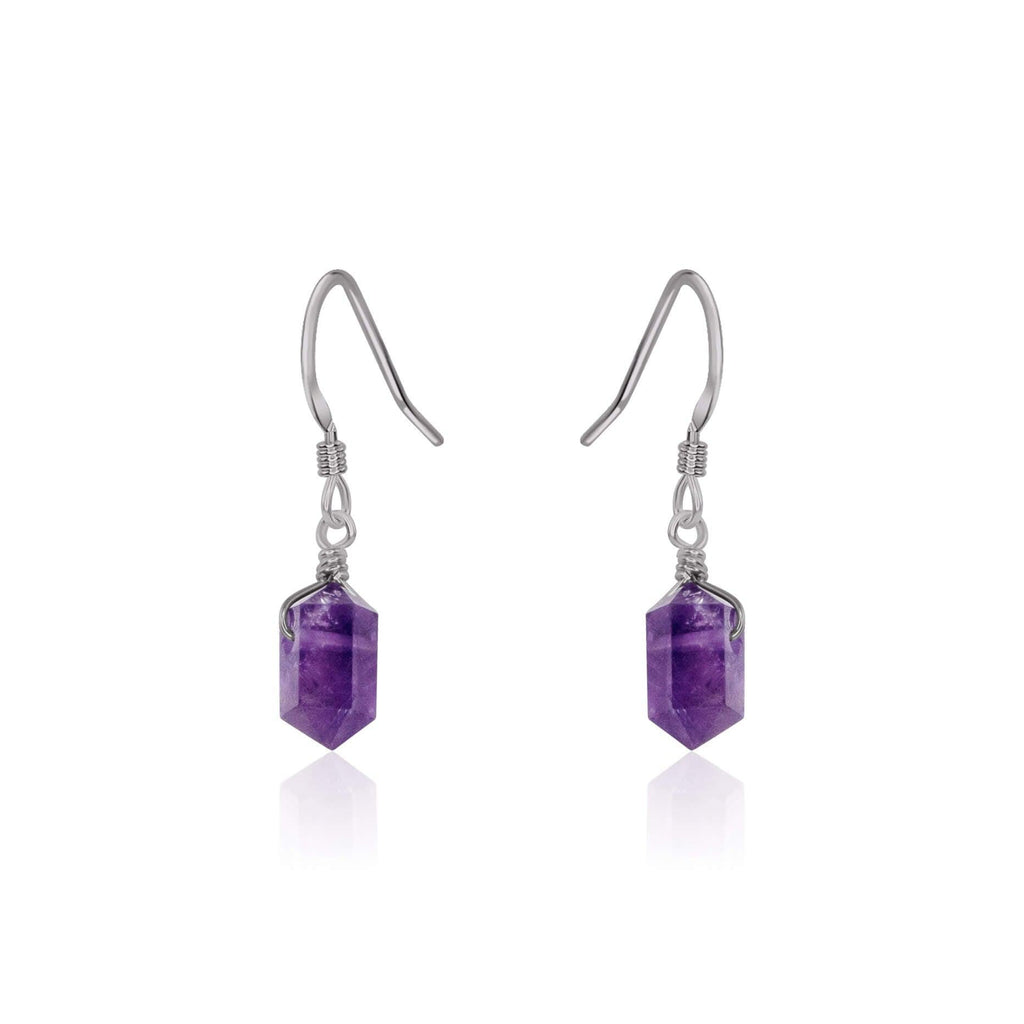 Amethyst Mini Double Terminated Crystal Point Dangle Drop Earrings - Amethyst Mini Double Terminated Crystal Point Dangle Drop Earrings - Stainless Steel - Luna Tide Handmade Crystal Jewellery
