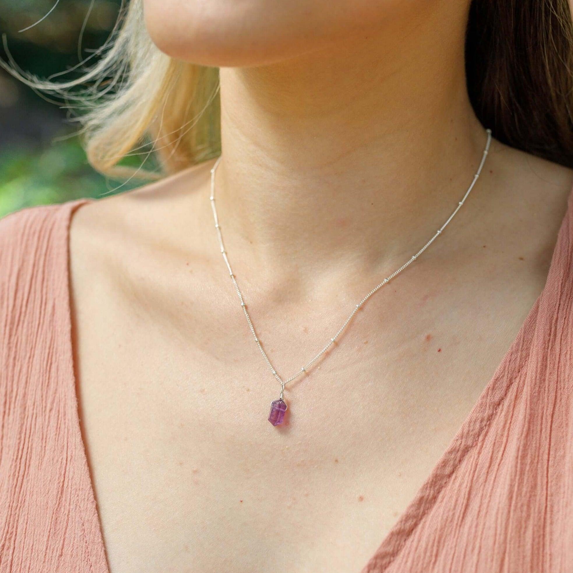 Amethyst Mini Double Terminated Crystal Point Pendant Necklace - Amethyst Mini Double Terminated Crystal Point Pendant Necklace - Sterling Silver / Cable - Luna Tide Handmade Crystal Jewellery