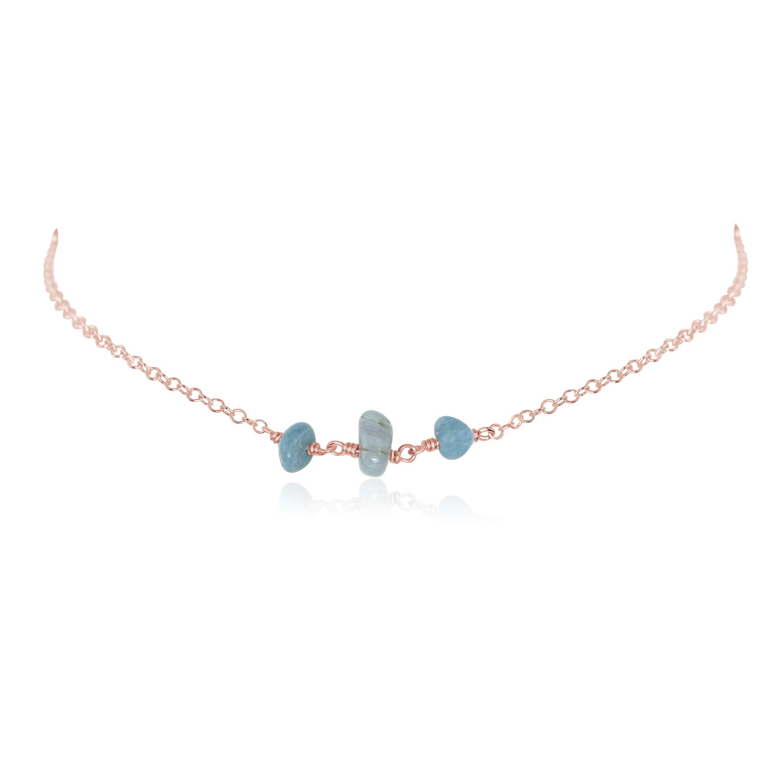 Aquamarine Beaded Chain Choker Necklace - Aquamarine Beaded Chain Choker Necklace - 14k Rose Gold Fill - Luna Tide Handmade Crystal Jewellery