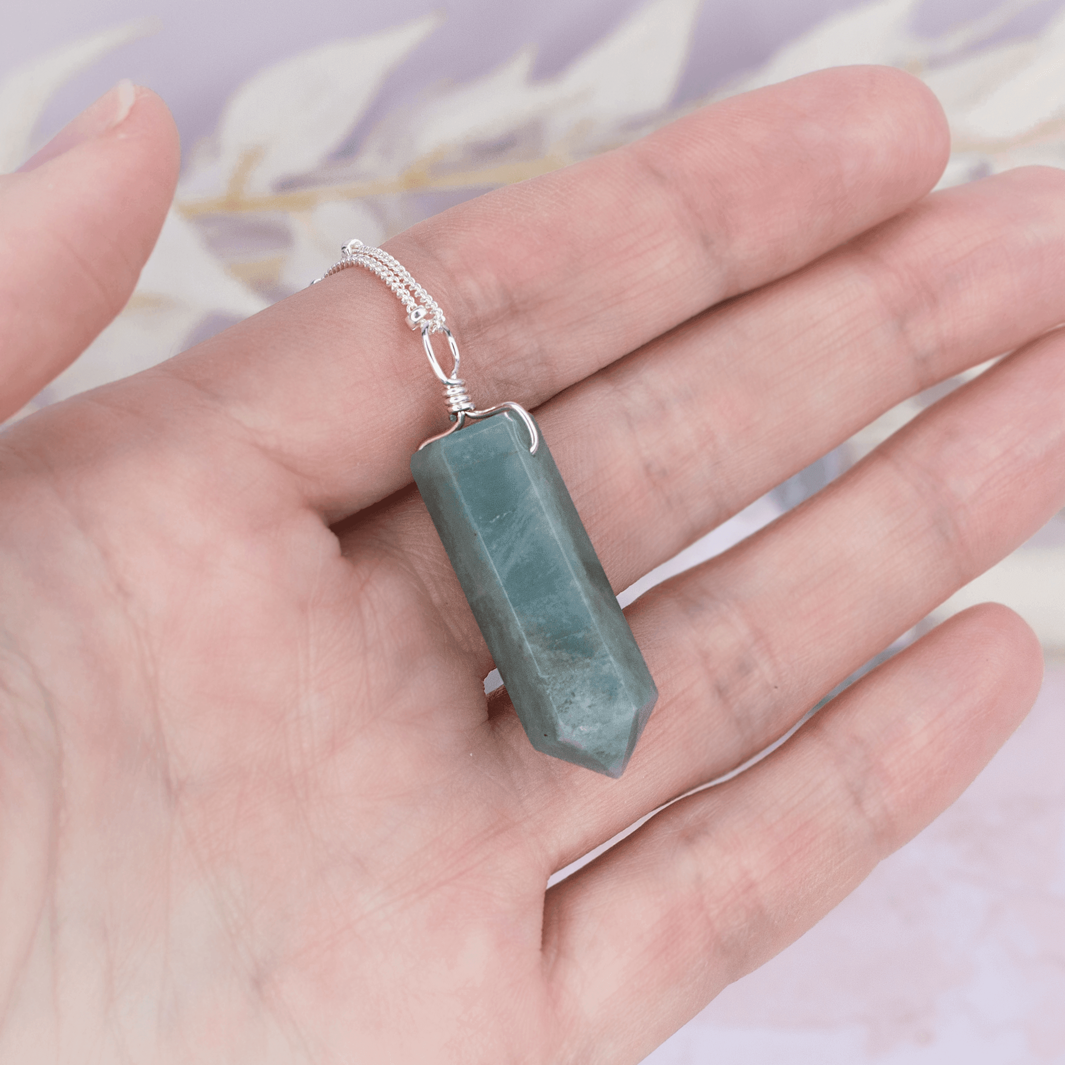 Aquamarine Gemstone Generator Tower Point Pendant Necklace - Aquamarine Gemstone Generator Tower Point Pendant Necklace - Sterling Silver / Satellite - Luna Tide Handmade Crystal Jewellery
