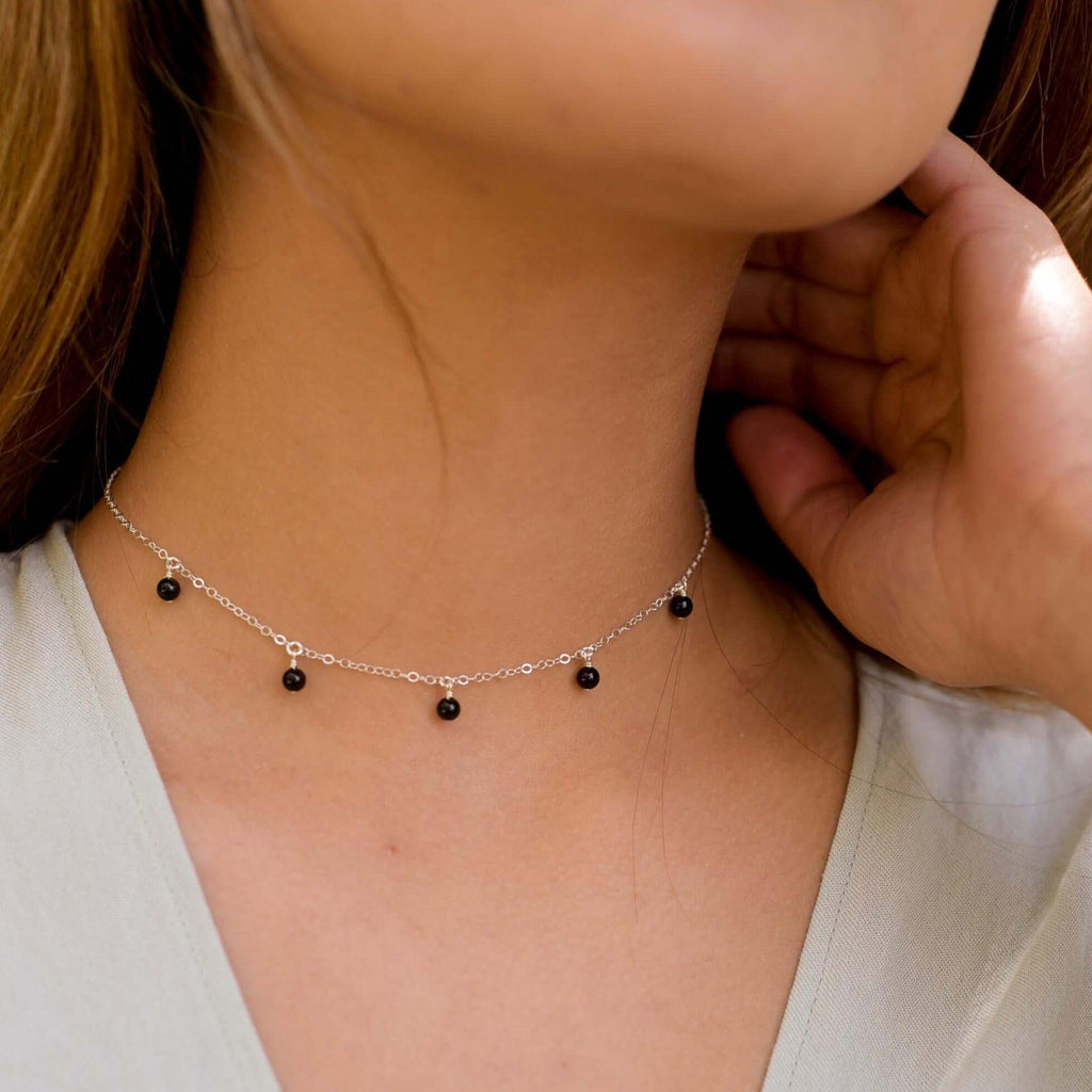 Black Onyx Bead Drop Choker - Black Onyx Bead Drop Choker - 14k Gold Fill - Luna Tide Handmade Crystal Jewellery