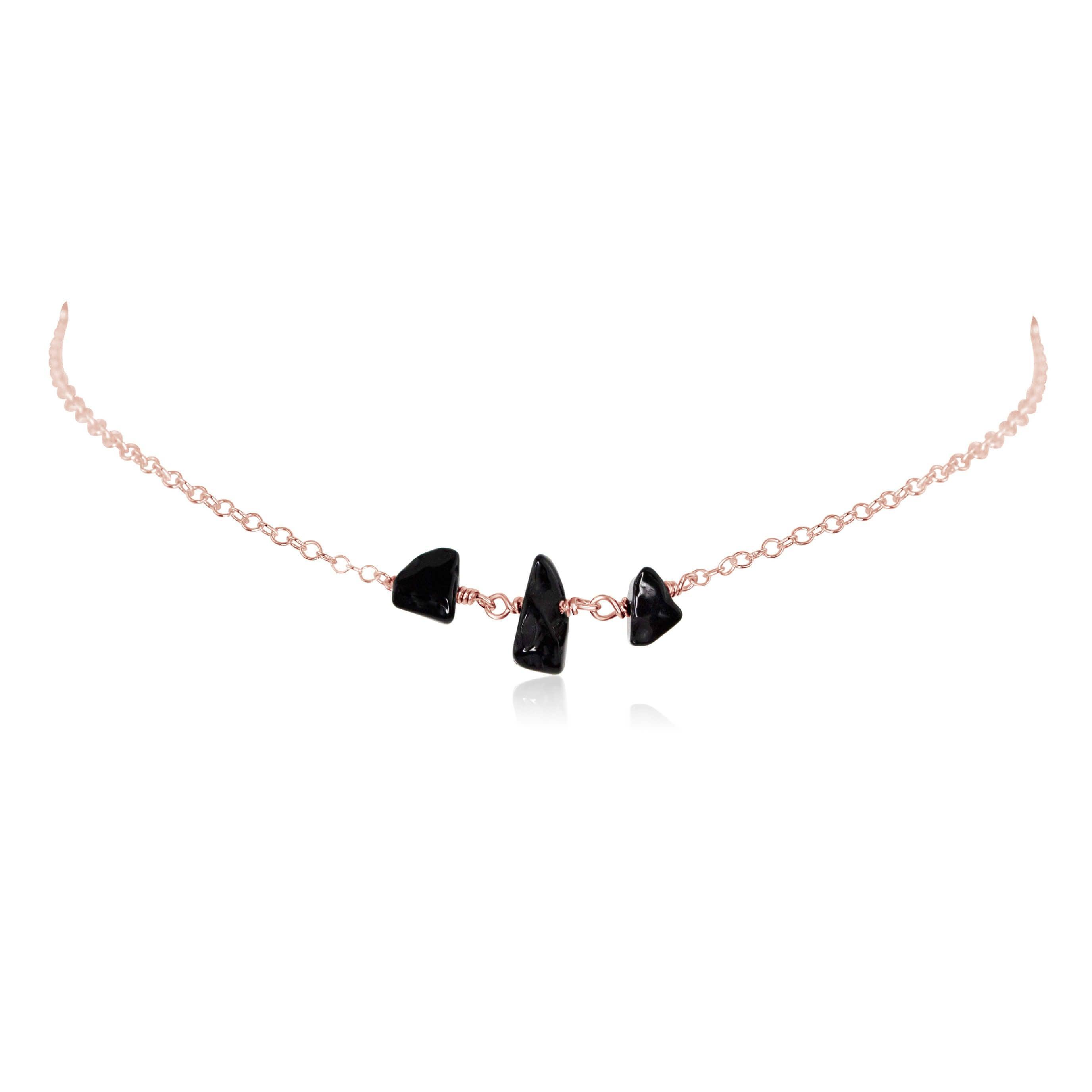Black Onyx Beaded Chain Choker Necklace - Black Onyx Beaded Chain Choker Necklace - 14k Rose Gold Fill - Luna Tide Handmade Crystal Jewellery