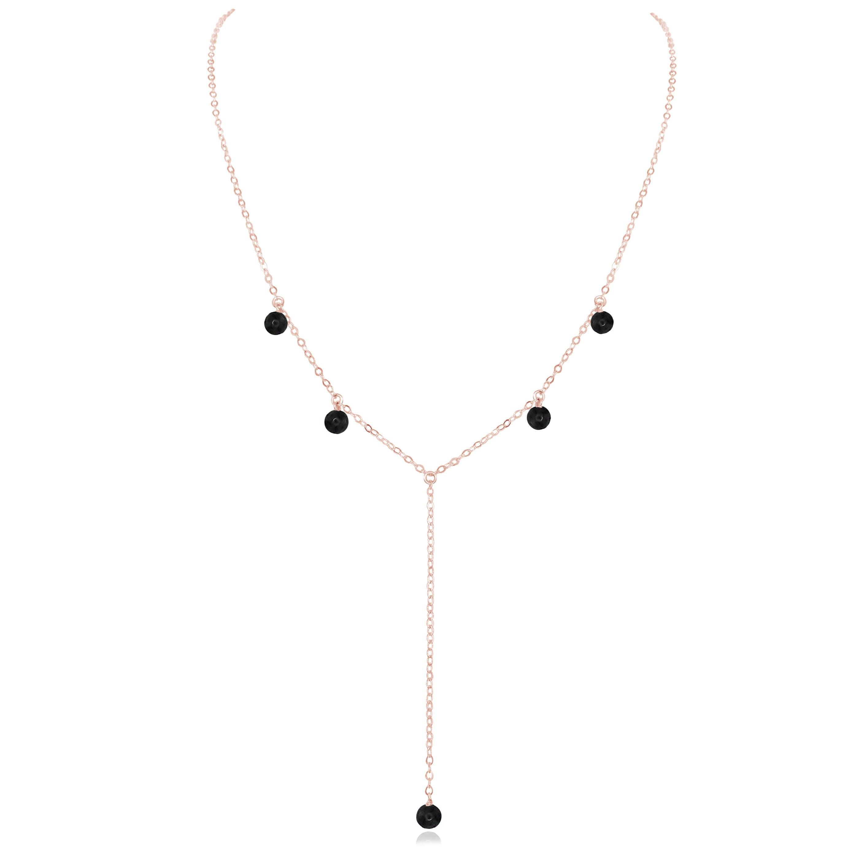 Black Onyx Boho Lariat Necklace - Black Onyx Boho Lariat Necklace - 14k Rose Gold Fill - Luna Tide Handmade Crystal Jewellery