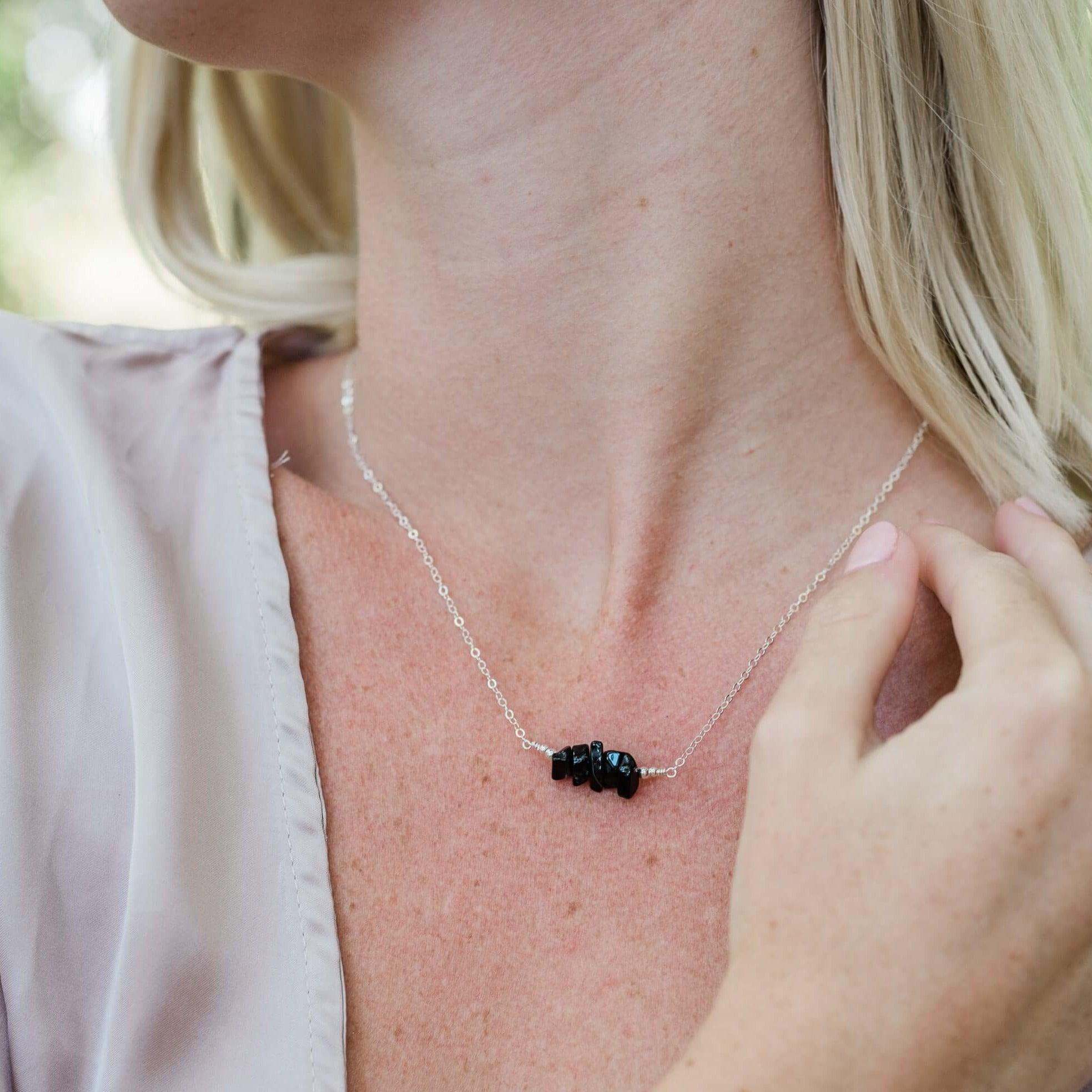 Black Onyx Chip Bead Bar Necklace - Black Onyx Chip Bead Bar Necklace - Sterling Silver - Luna Tide Handmade Crystal Jewellery