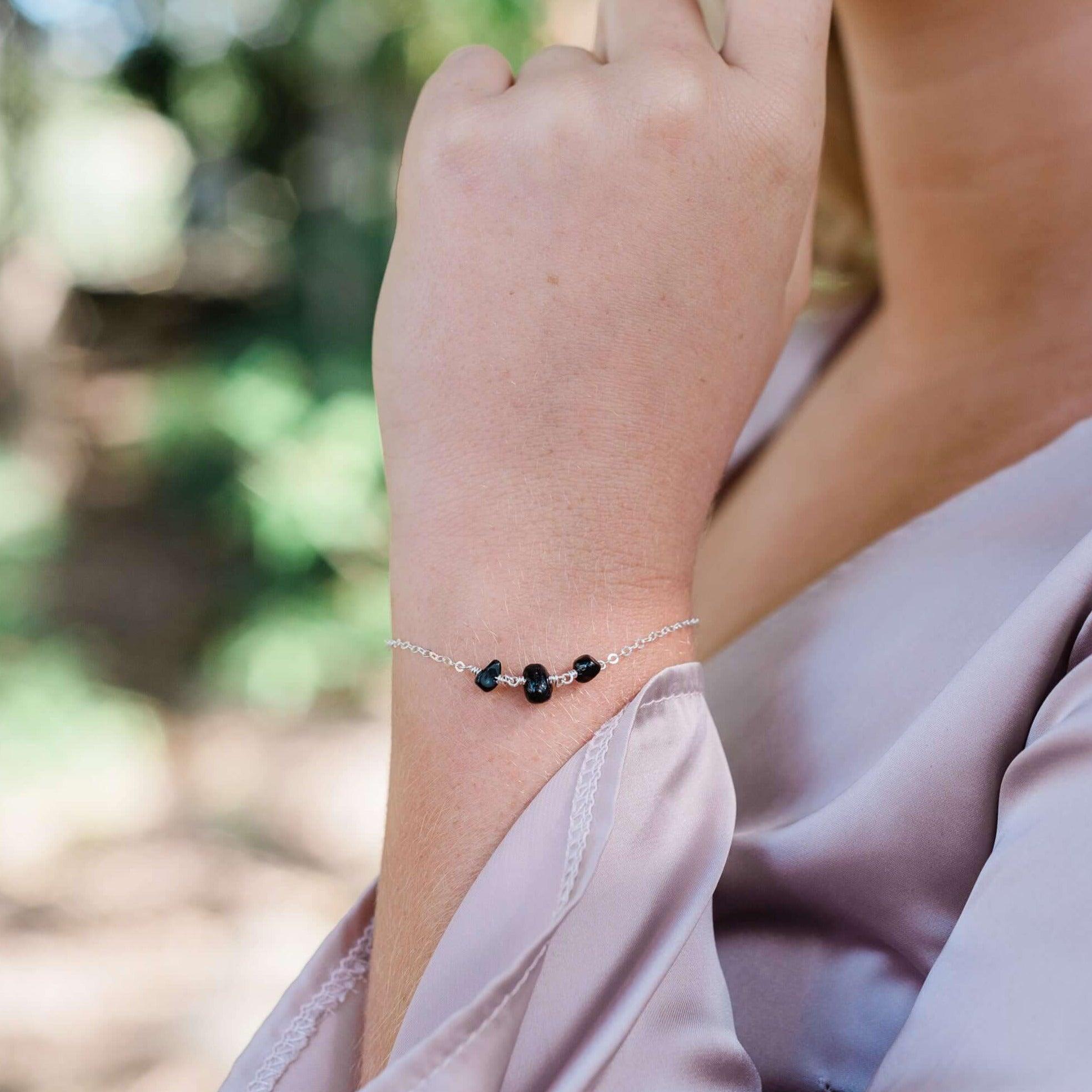 Black Tourmaline Beaded Chain Bracelet - Black Tourmaline Beaded Chain Bracelet - Sterling Silver - Luna Tide Handmade Crystal Jewellery