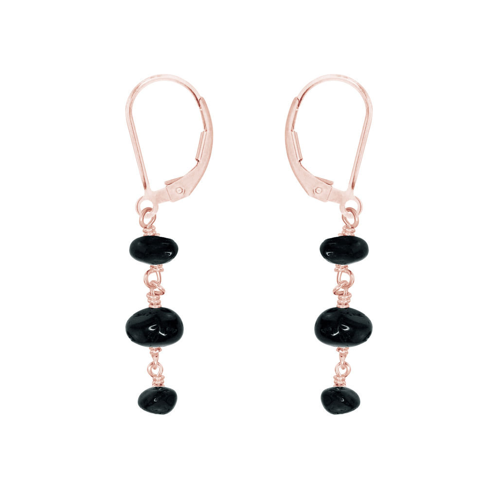 Black Tourmaline Crystal Beaded Chain Dangle Leverback Earrings - Black Tourmaline Crystal Beaded Chain Dangle Leverback Earrings - 14k Rose Gold Fill - Luna Tide Handmade Crystal Jewellery