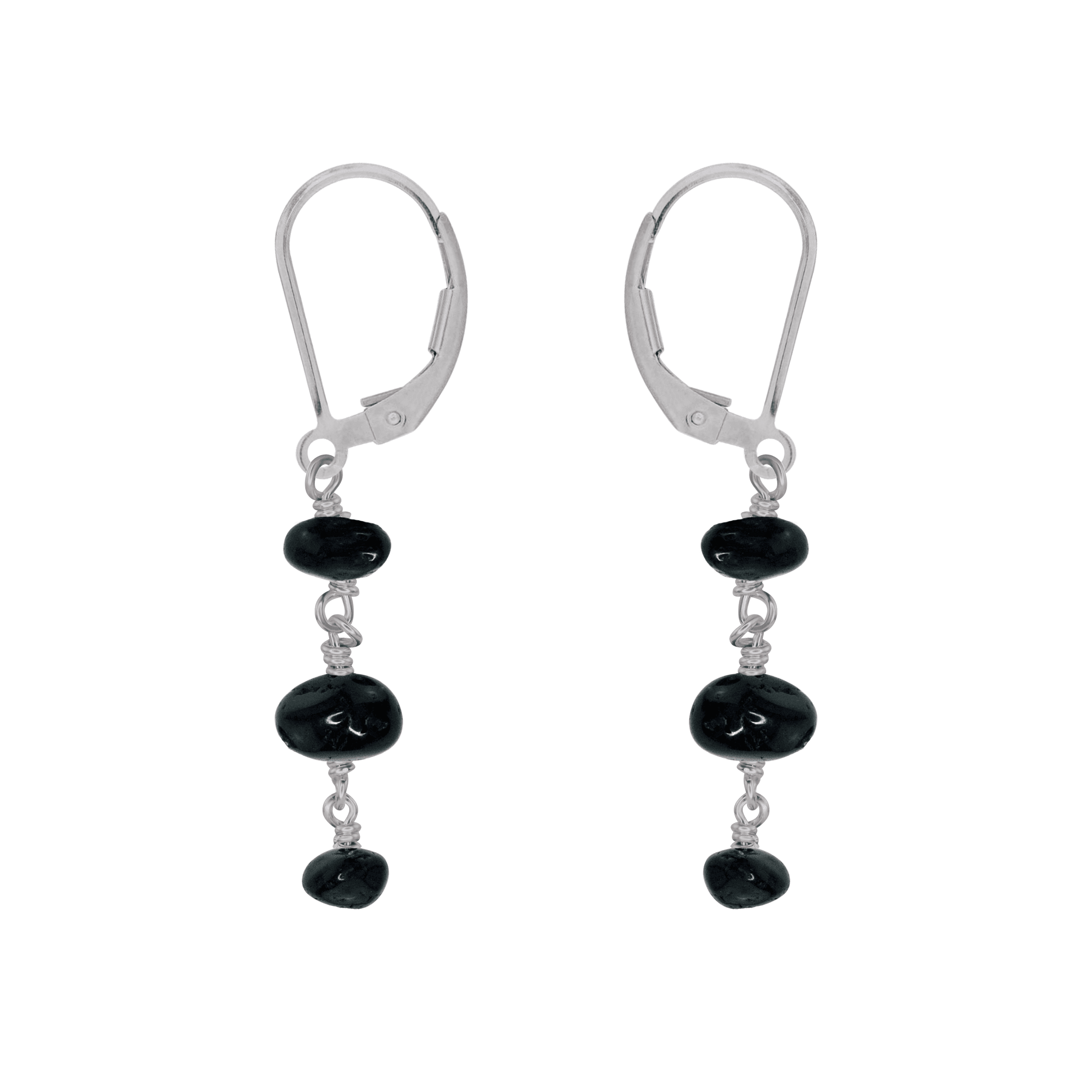 Black Tourmaline Crystal Beaded Chain Dangle Leverback Earrings - Black Tourmaline Crystal Beaded Chain Dangle Leverback Earrings - Stainless Steel - Luna Tide Handmade Crystal Jewellery