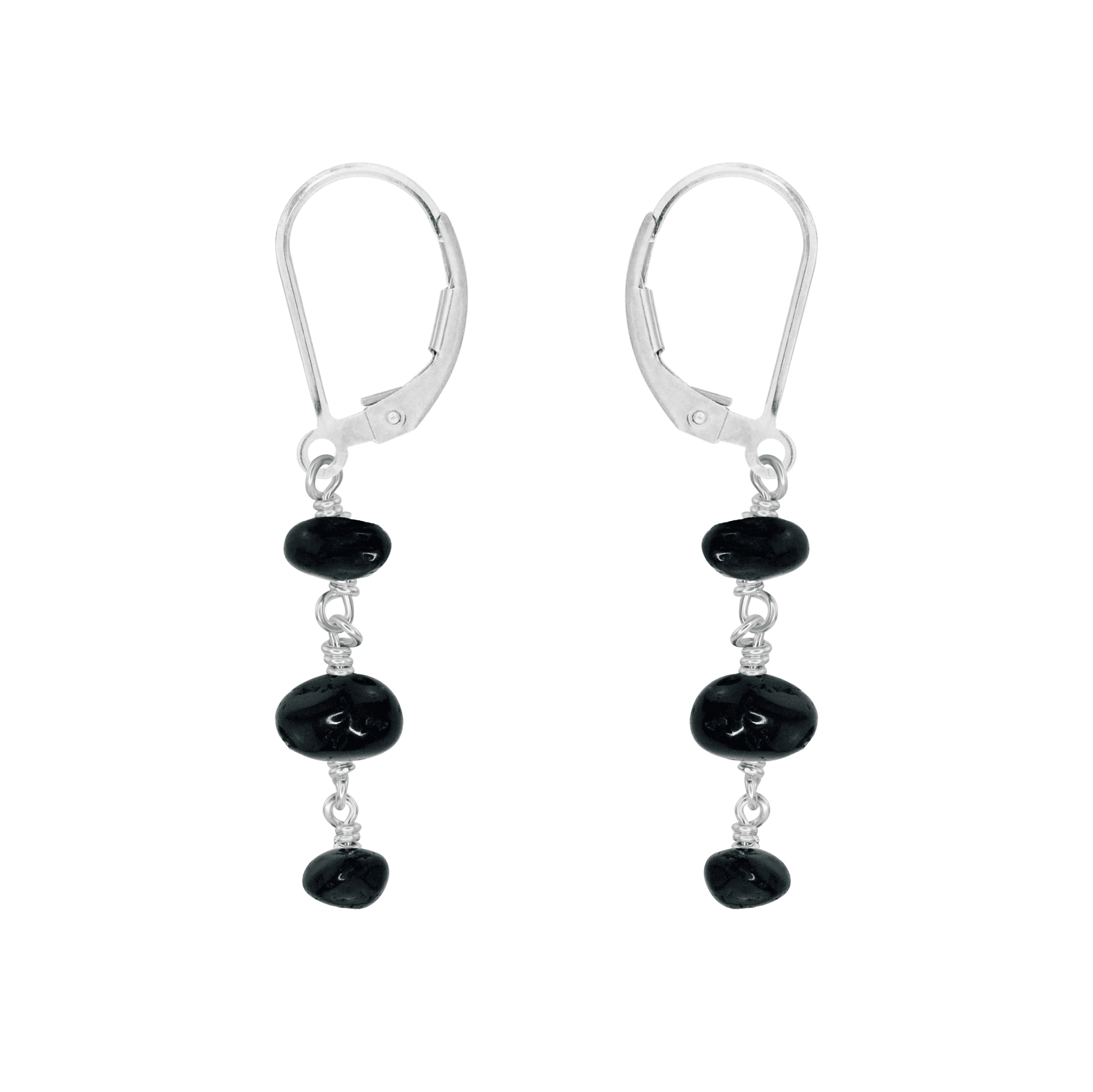 Black Tourmaline Crystal Beaded Chain Dangle Leverback Earrings - Black Tourmaline Crystal Beaded Chain Dangle Leverback Earrings - Sterling Silver - Luna Tide Handmade Crystal Jewellery