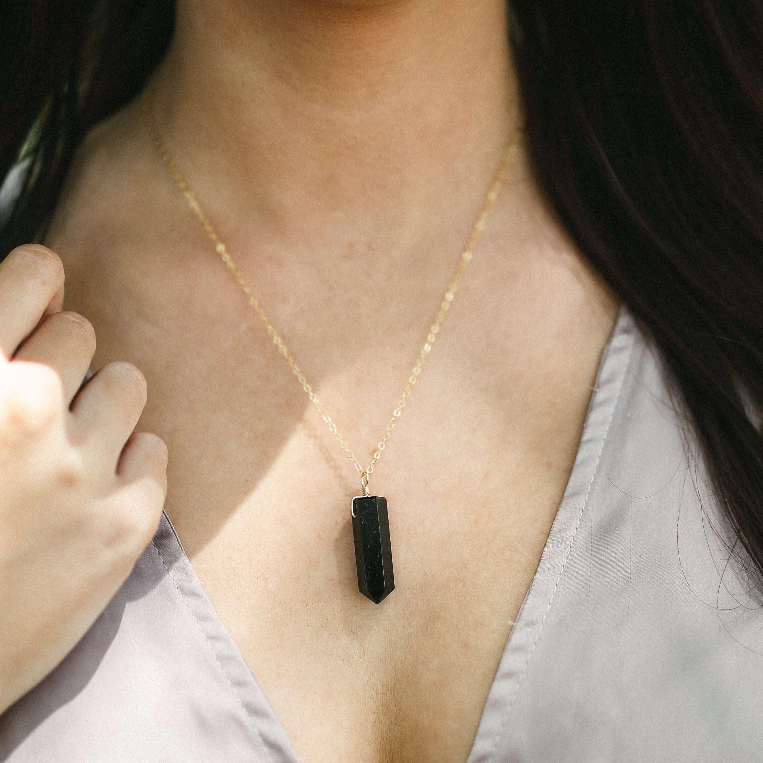 Black Tourmaline Crystal Generator Point Pendant Necklace - Black Tourmaline Crystal Generator Point Pendant Necklace - 14k Rose Gold Fill / Cable - Luna Tide Handmade Crystal Jewellery