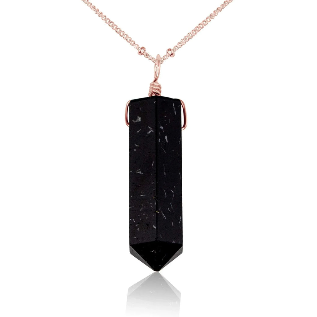 Black Tourmaline Crystal Generator Point Pendant Necklace - Black Tourmaline Crystal Generator Point Pendant Necklace - 14k Rose Gold Fill / Satellite - Luna Tide Handmade Crystal Jewellery