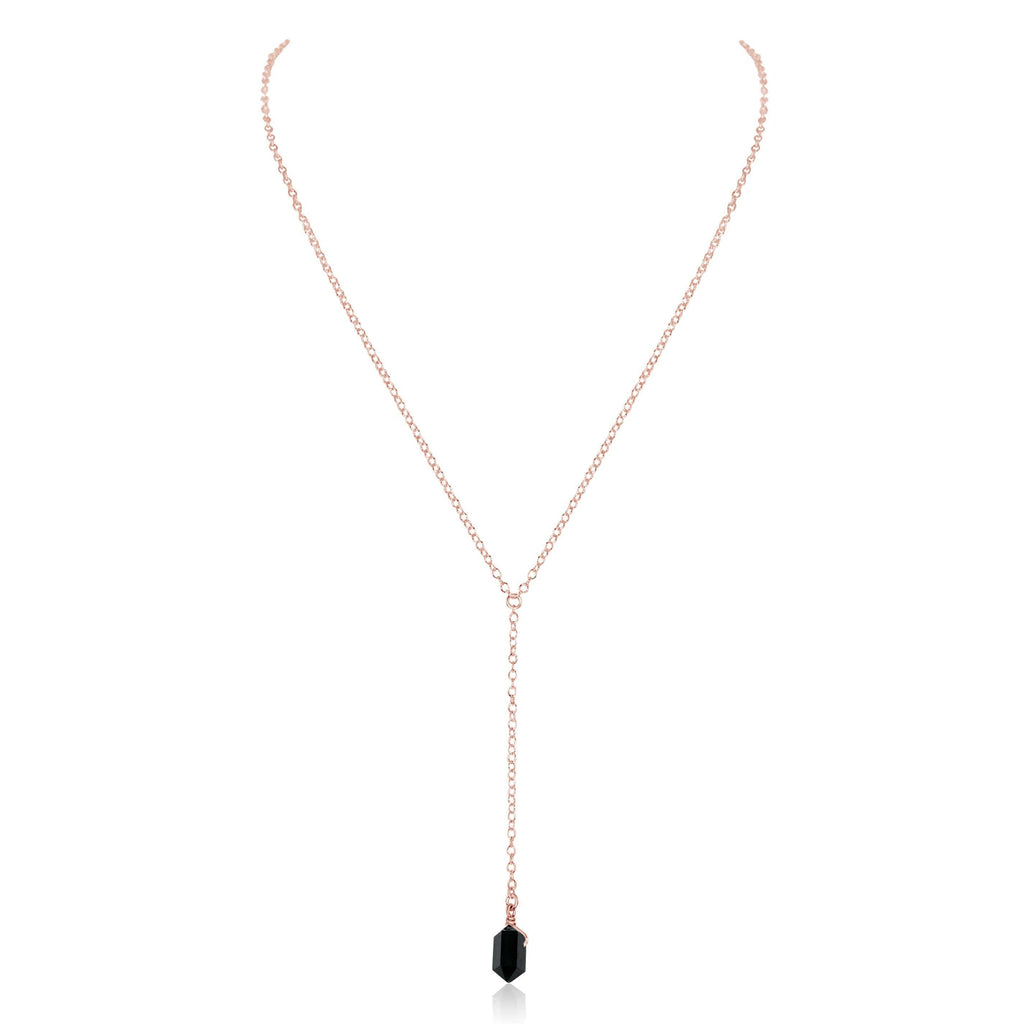 Black Tourmaline Double Terminated Mini Crystal Point Lariat Necklace - Black Tourmaline Double Terminated Mini Crystal Point Lariat Necklace - 14k Rose Gold Fill - Luna Tide Handmade Crystal Jewellery