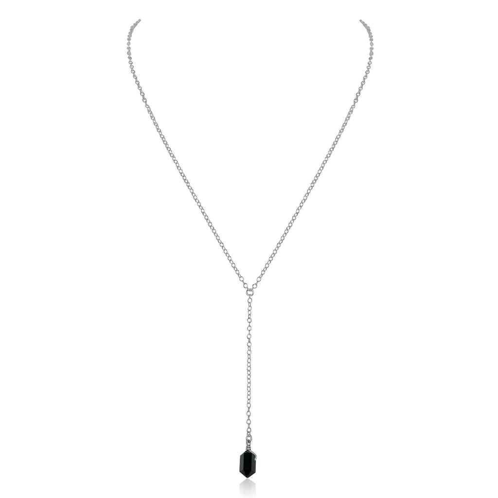 Black Tourmaline Double Terminated Mini Crystal Point Lariat Necklace - Black Tourmaline Double Terminated Mini Crystal Point Lariat Necklace - Stainless Steel - Luna Tide Handmade Crystal Jewellery