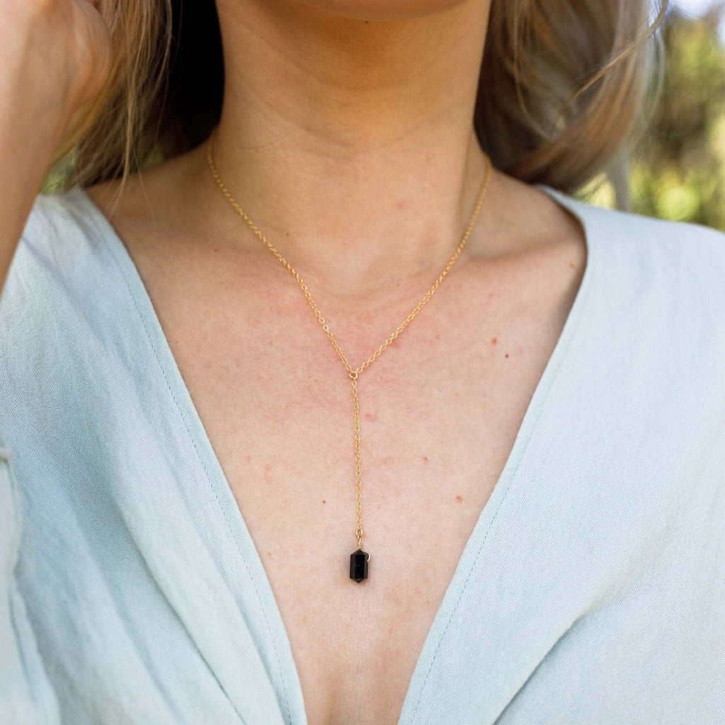 Black Tourmaline Double Terminated Mini Crystal Point Lariat Necklace - Black Tourmaline Double Terminated Mini Crystal Point Lariat Necklace - Sterling Silver - Luna Tide Handmade Crystal Jewellery