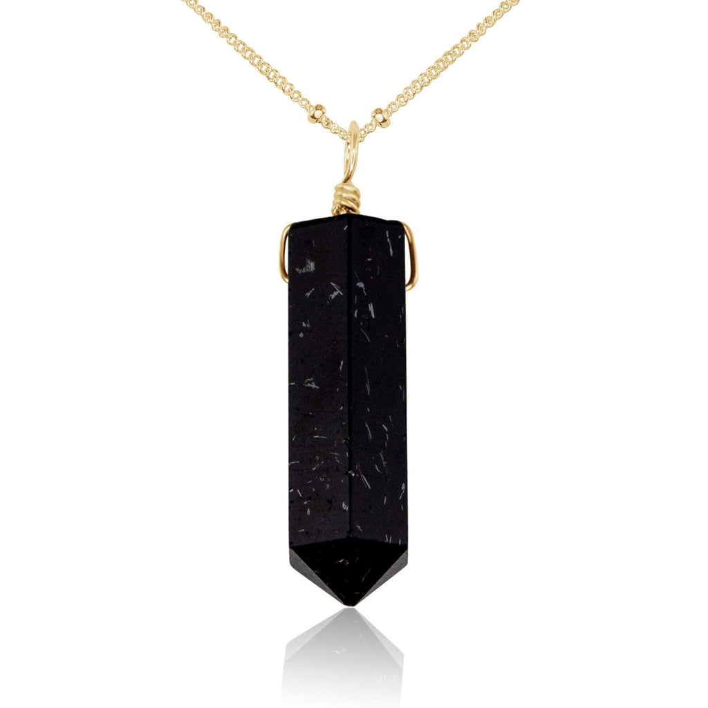 Black Tourmaline Gemstone Generator Tower Point Pendant Necklace - Black Tourmaline Gemstone Generator Tower Point Pendant Necklace - 14k Gold Fill / Satellite - Luna Tide Handmade Crystal Jewellery