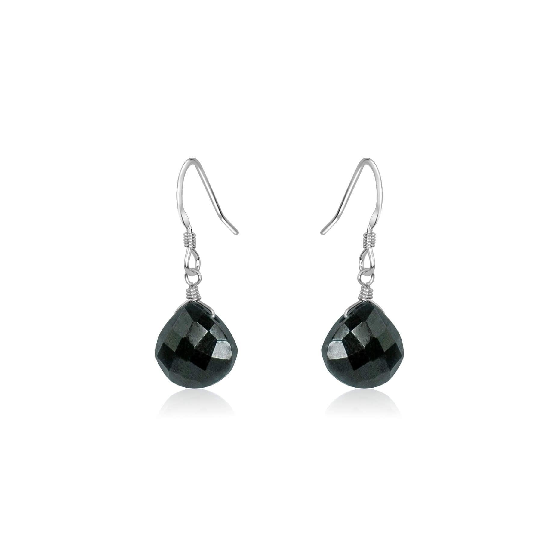 Black Tourmaline Gemstone Teardrop Dangle Earrings - Black Tourmaline Gemstone Teardrop Dangle Earrings - Sterling Silver - Luna Tide Handmade Crystal Jewellery