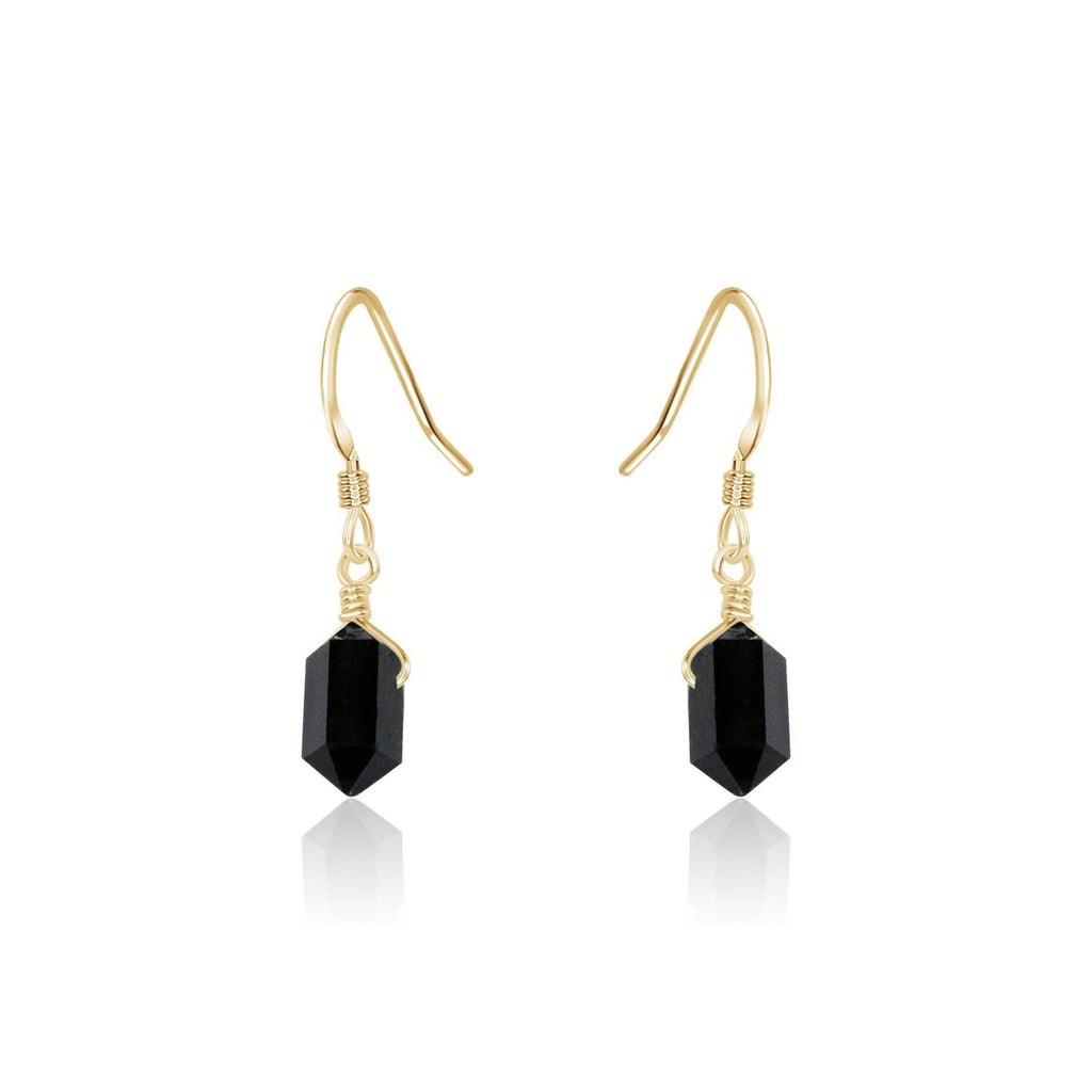 Black Tourmaline Mini Double Terminated Crystal Point Dangle Drop Earrings - Black Tourmaline Mini Double Terminated Crystal Point Dangle Drop Earrings - 14k Gold Fill - Luna Tide Handmade Crystal Jewellery