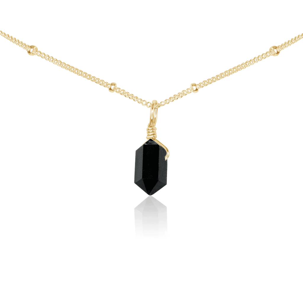 Black Tourmaline Mini Double Terminated Crystal Point Pendant Choker Necklace - Black Tourmaline Mini Double Terminated Crystal Point Pendant Choker Necklace - 14k Gold Fill / Satellite - Luna Tide Handmade Crystal Jewellery