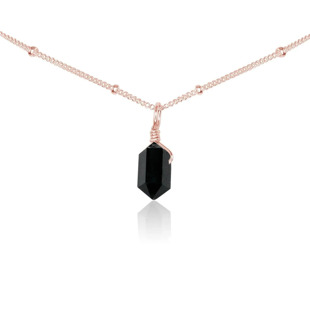 Black Tourmaline Mini Double Terminated Crystal Point Pendant Choker Necklace - Black Tourmaline Mini Double Terminated Crystal Point Pendant Choker Necklace - 14k Rose Gold Fill / Satellite - Luna Tide Handmade Crystal Jewellery