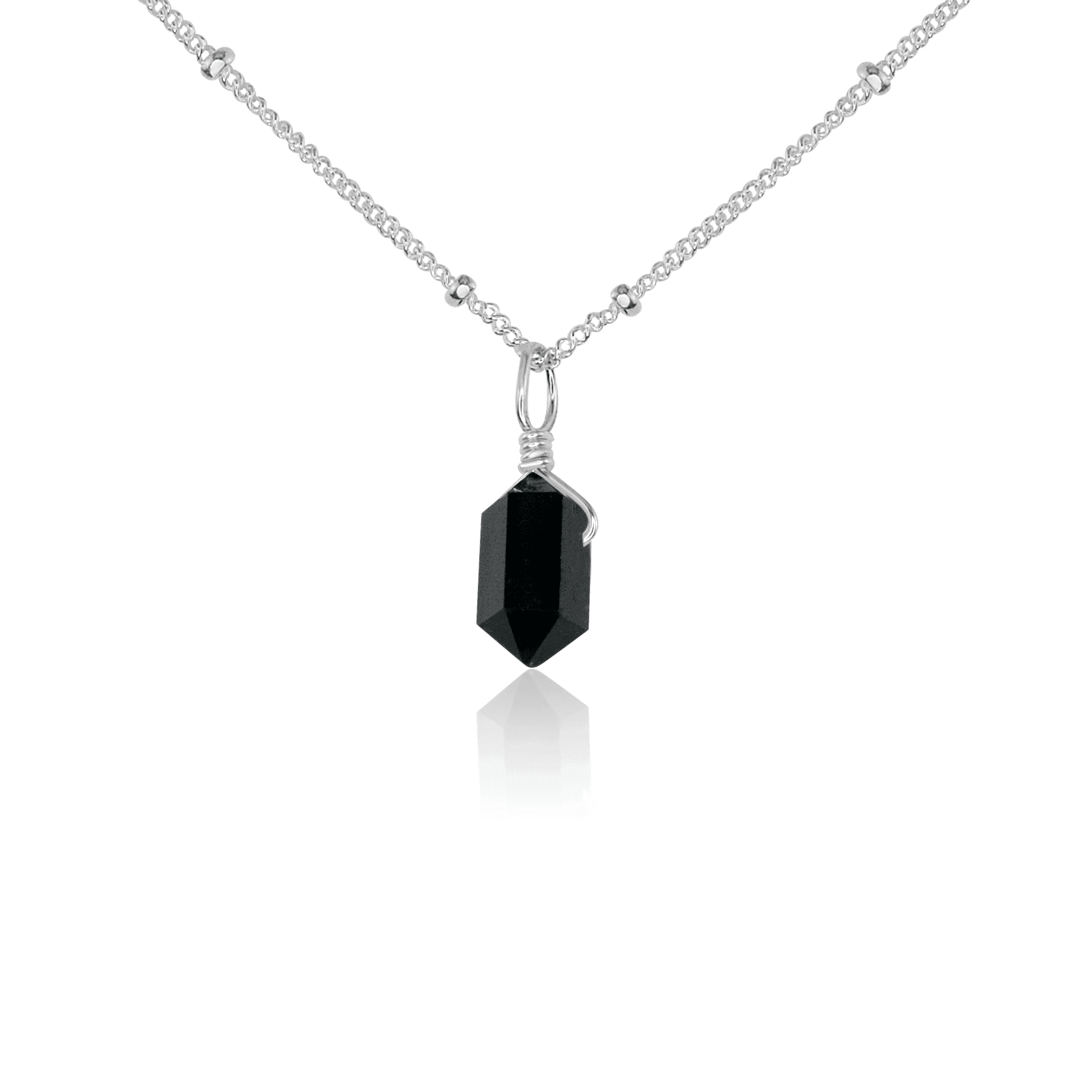 Black Tourmaline Mini Double Terminated Crystal Point Pendant Necklace - Black Tourmaline Mini Double Terminated Crystal Point Pendant Necklace - Sterling Silver / Satellite - Luna Tide Handmade Crystal Jewellery