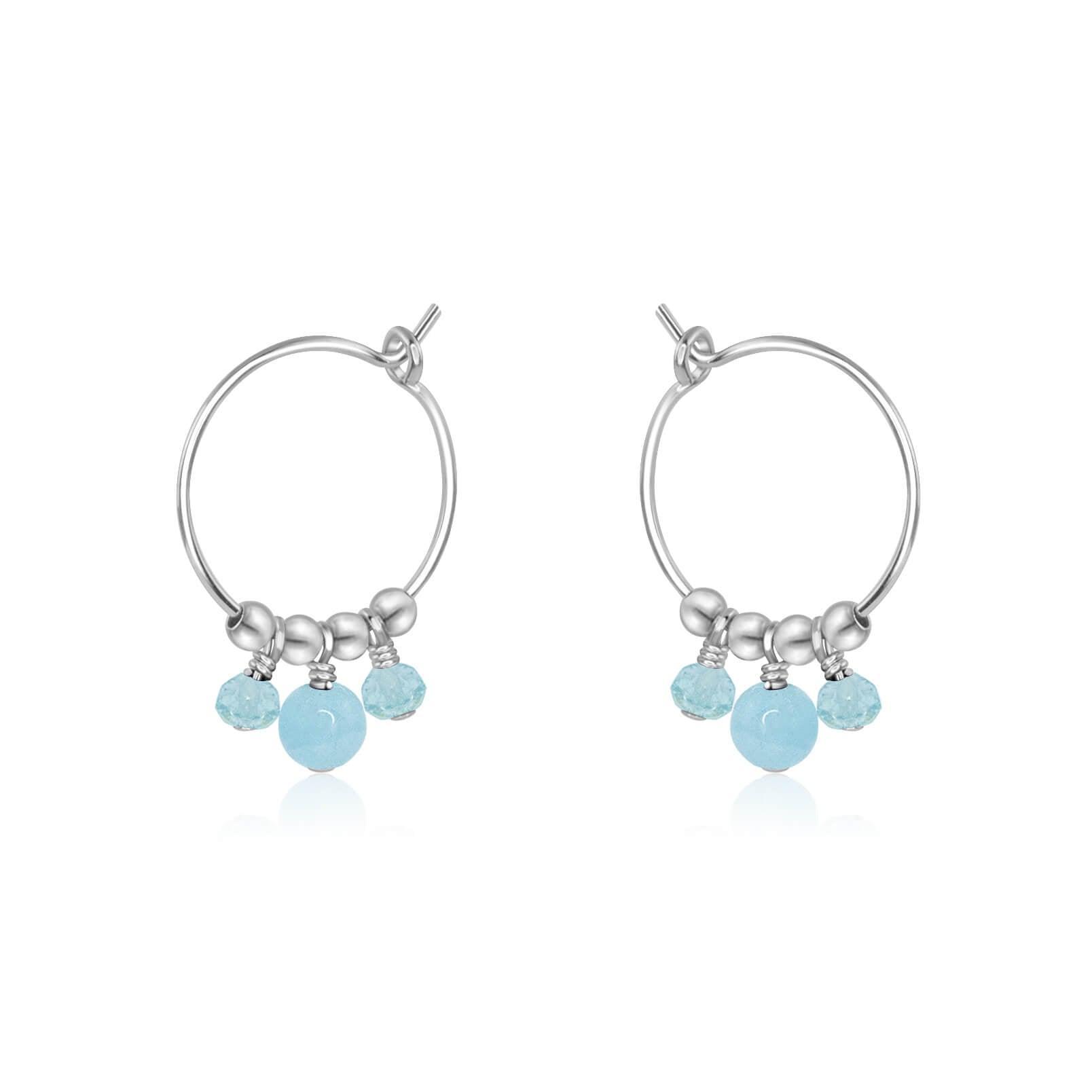 Blue Aquamarine Gemstone Bead Drop Hoop Earrings - Blue Aquamarine Gemstone Bead Drop Hoop Earrings - Sterling Silver - Luna Tide Handmade Crystal Jewellery