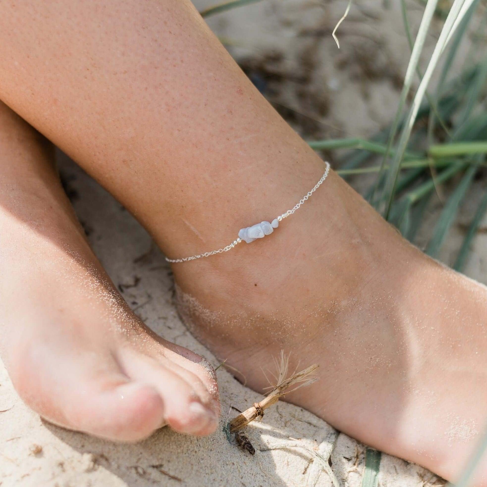 Blue lace agate Chip Bead Bar Anklet - Blue lace agate Chip Bead Bar Anklet - Sterling Silver - Luna Tide Handmade Crystal Jewellery