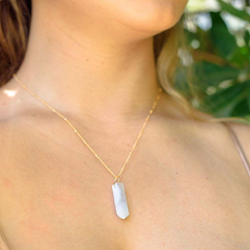 Blue Lace Agate Gemstone Generator Tower Point Pendant Necklace - Blue Lace Agate Gemstone Generator Tower Point Pendant Necklace - Sterling Silver / Satellite - Luna Tide Handmade Crystal Jewellery