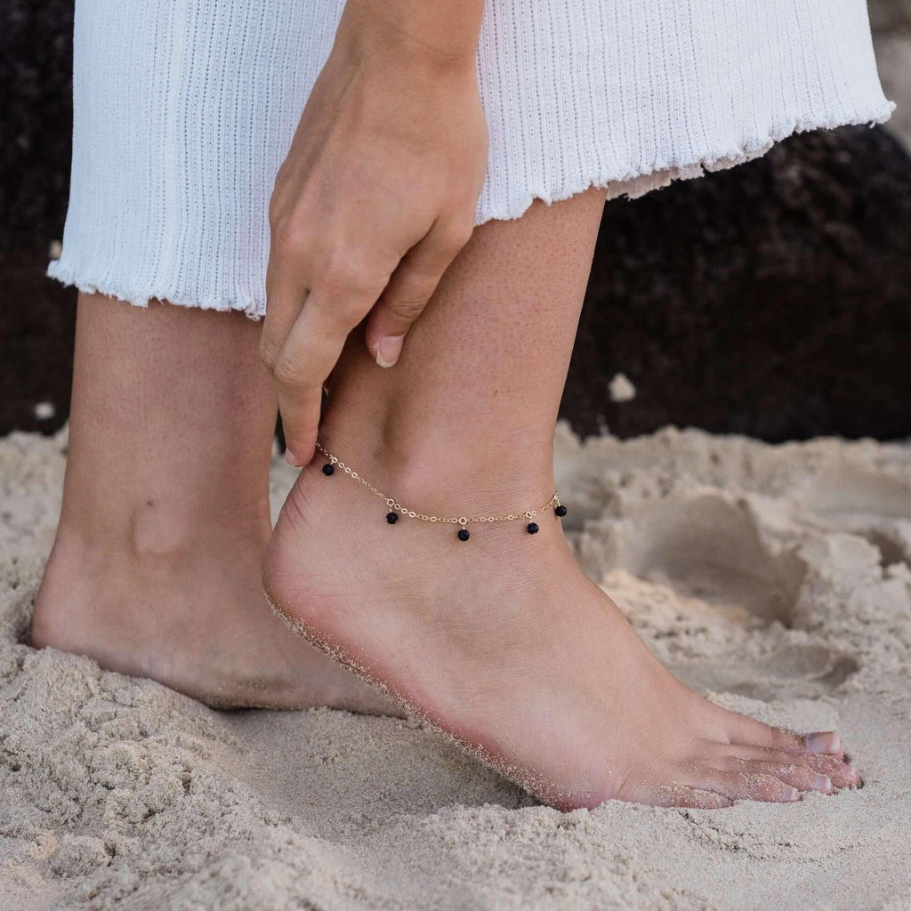 Boho Black Lava Rock Bead Drop Anklet - Boho Black Lava Rock Bead Drop Anklet - 14k Gold Fill - Luna Tide Handmade Crystal Jewellery