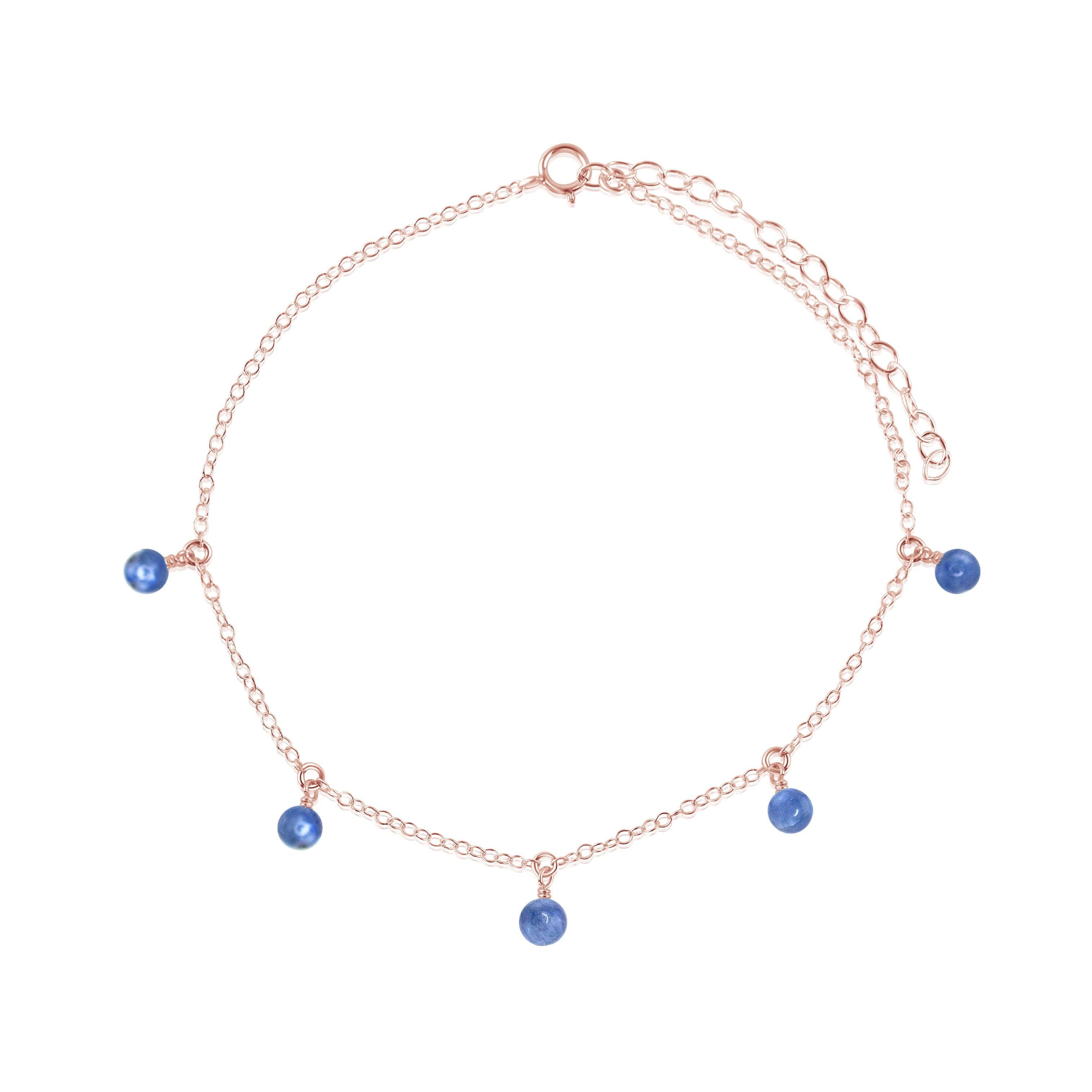 Boho Blue Kyanite Gemstone Bead Drop Anklet - Boho Blue Kyanite Gemstone Bead Drop Anklet - 14k Rose Gold Fill - Luna Tide Handmade Crystal Jewellery