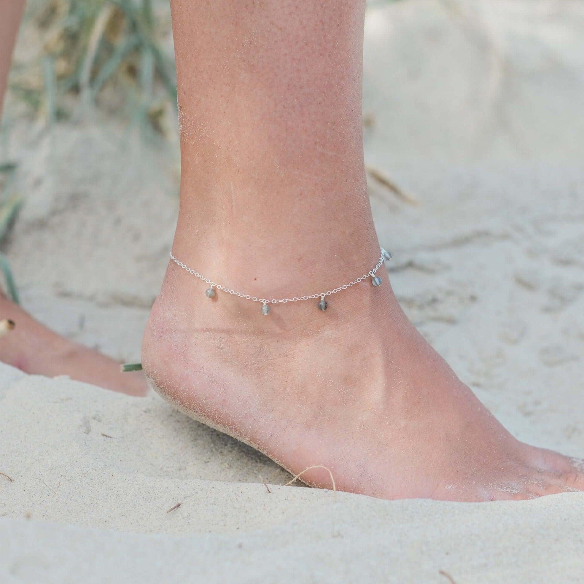 Boho Labradorite Bead Drop Anklet - Boho Labradorite Bead Drop Anklet - 14k Gold Fill - Luna Tide Handmade Crystal Jewellery