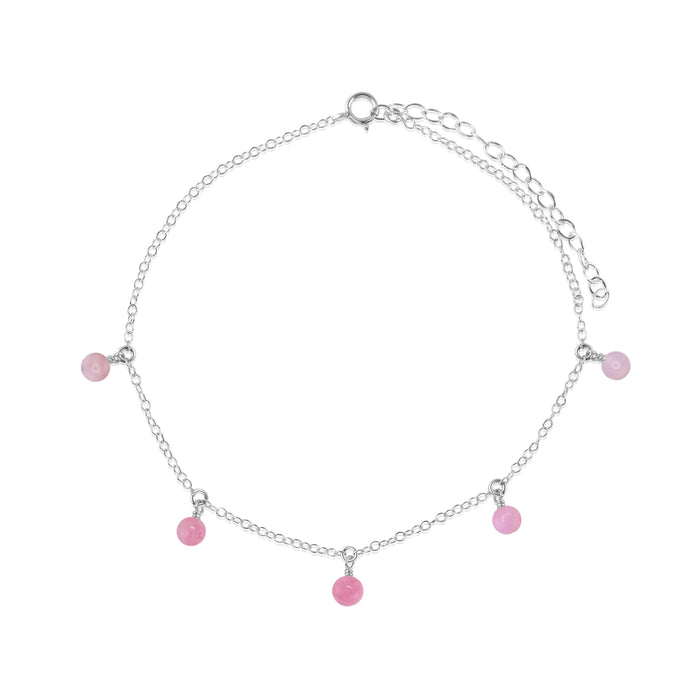 Boho Pink Peruvian Opal Gemstone Bead Drop Anklet - Boho Pink Peruvian Opal Gemstone Bead Drop Anklet - Sterling Silver - Luna Tide Handmade Crystal Jewellery