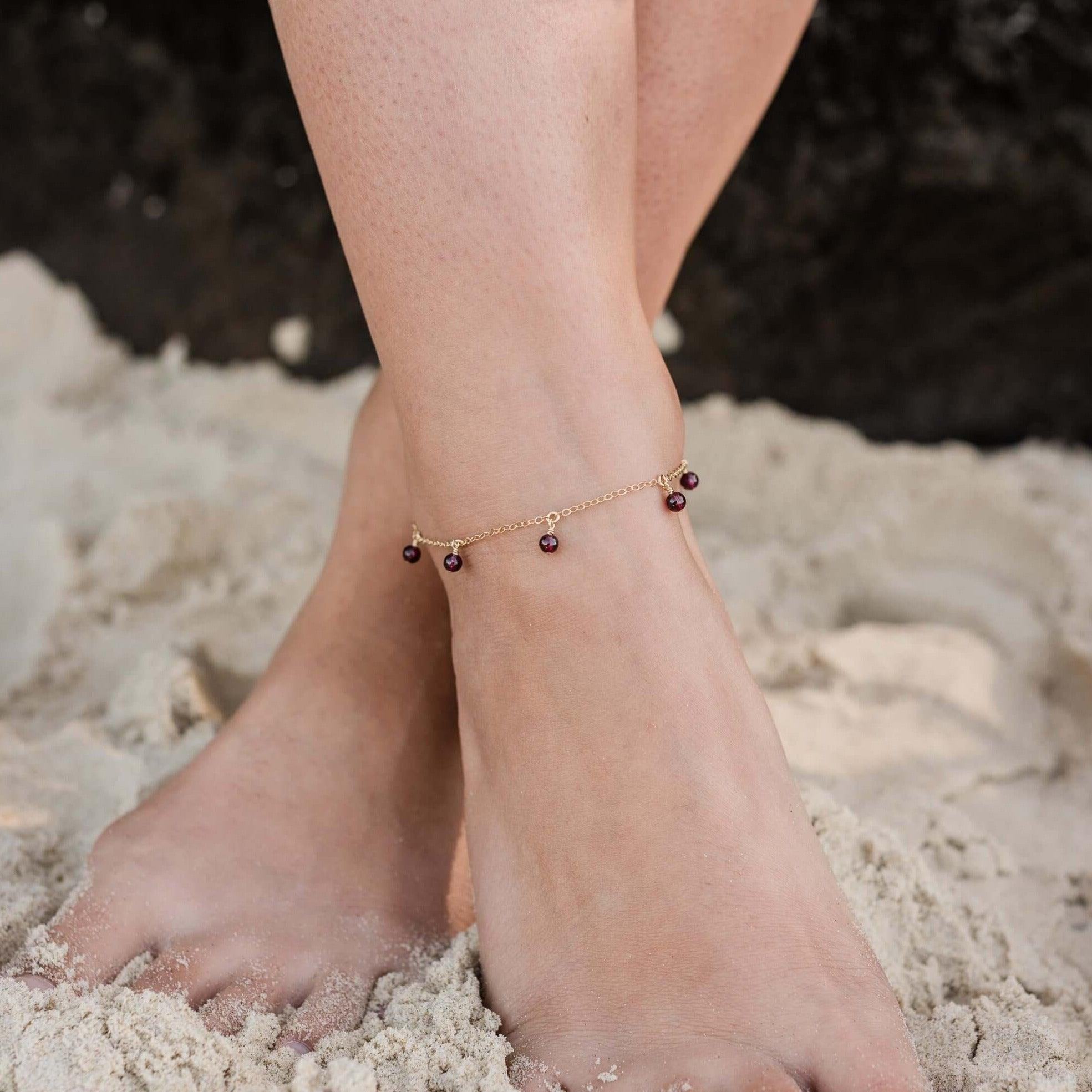 Boho Red Garnet Gemstone Bead Drop Anklet - Boho Red Garnet Gemstone Bead Drop Anklet - Sterling Silver - Luna Tide Handmade Crystal Jewellery